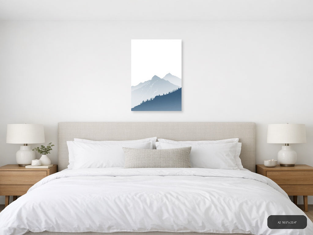 Misty Mountains with Evergreen Forest | Minimalist Landscape Wall Art — A2 (Bedroom)