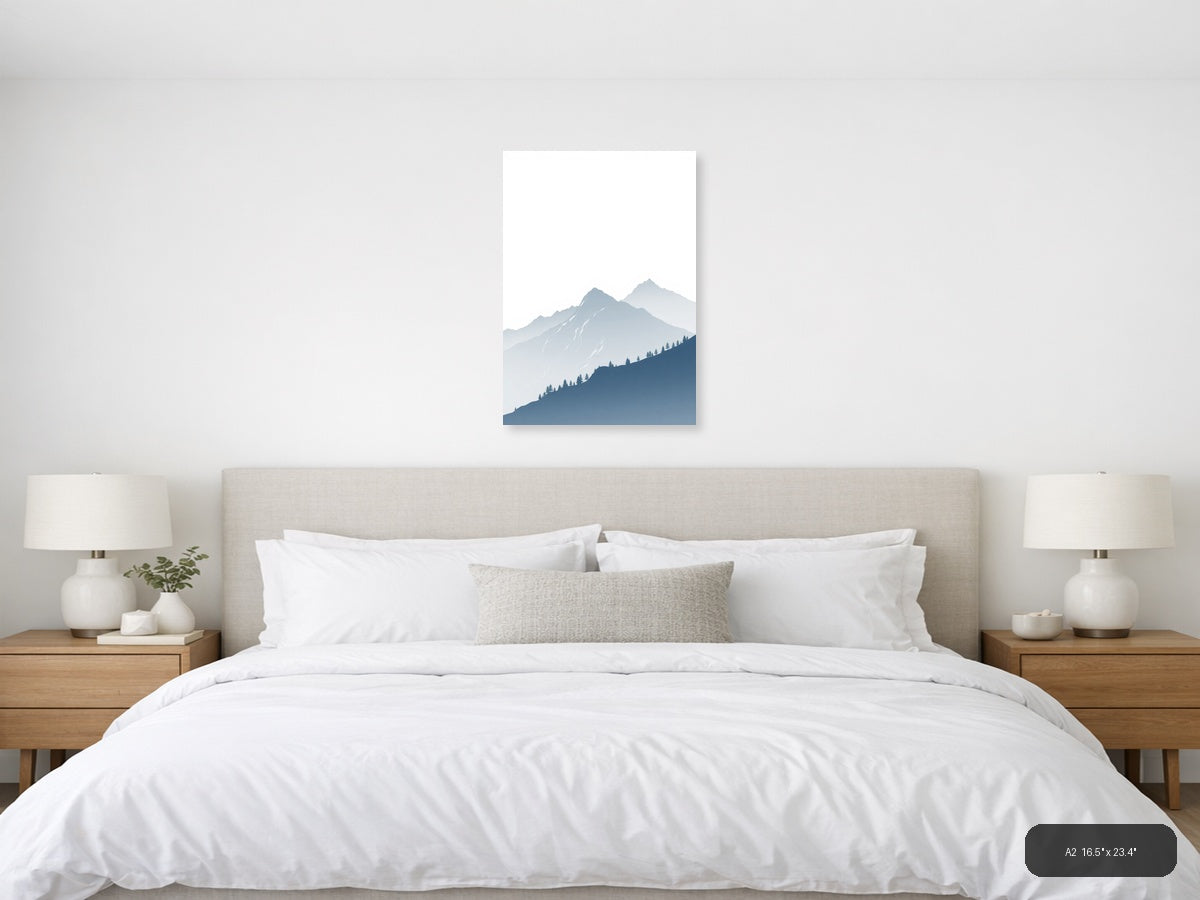 Misty Mountains with Evergreen Forest | Minimalist Landscape Wall Art — A2 (Bedroom)