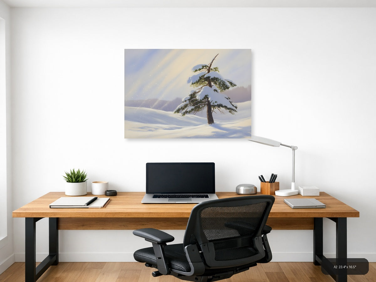 Snowy Pine Tree Winter Landscape Watercolor Wall Art — A2 / Office