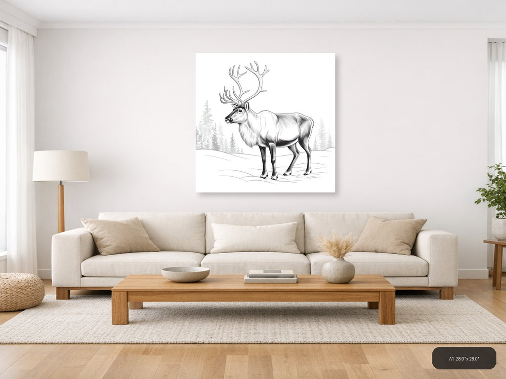 Majestic Caribou with Antlers Line Art Wall Art — A1 / Living Room