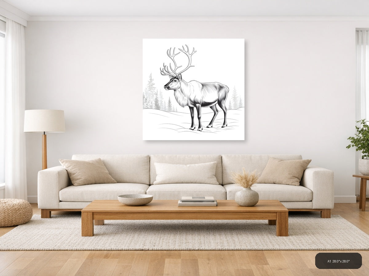 Majestic Caribou with Antlers Line Art Wall Art — A1 / Living Room
