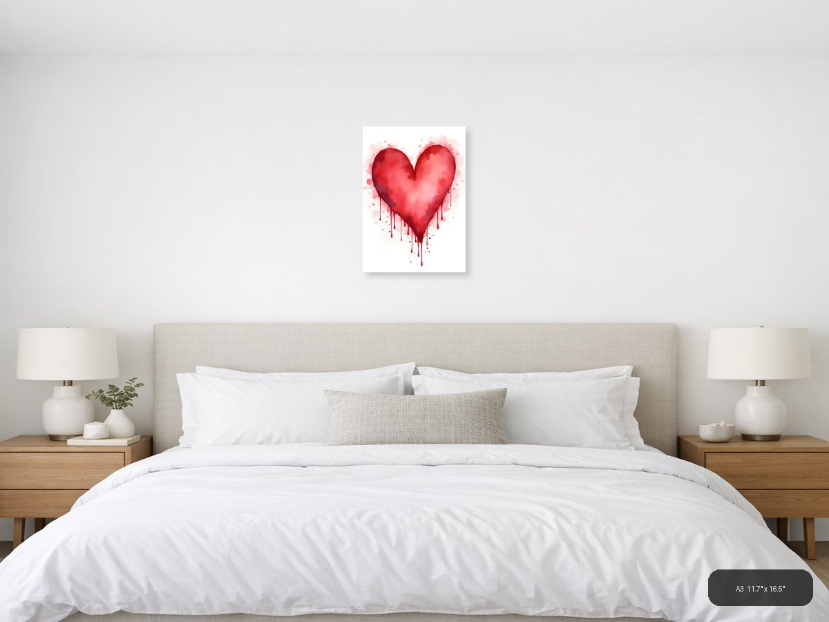 Red Watercolor Heart with Dripping Paint Wall Art — A3 / Bedroom