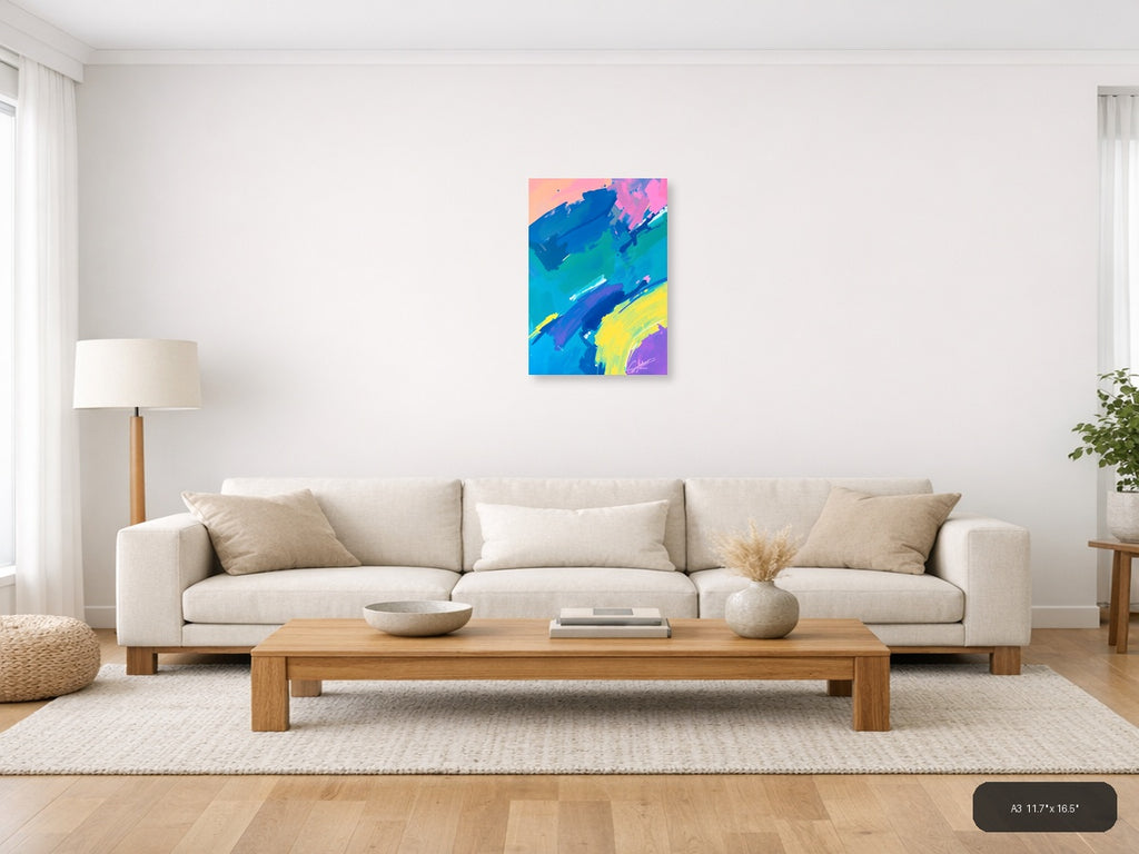 Vibrant Abstract Brushstrokes Neon Blue Pink Yellow Wall Art — A3 / Living Room