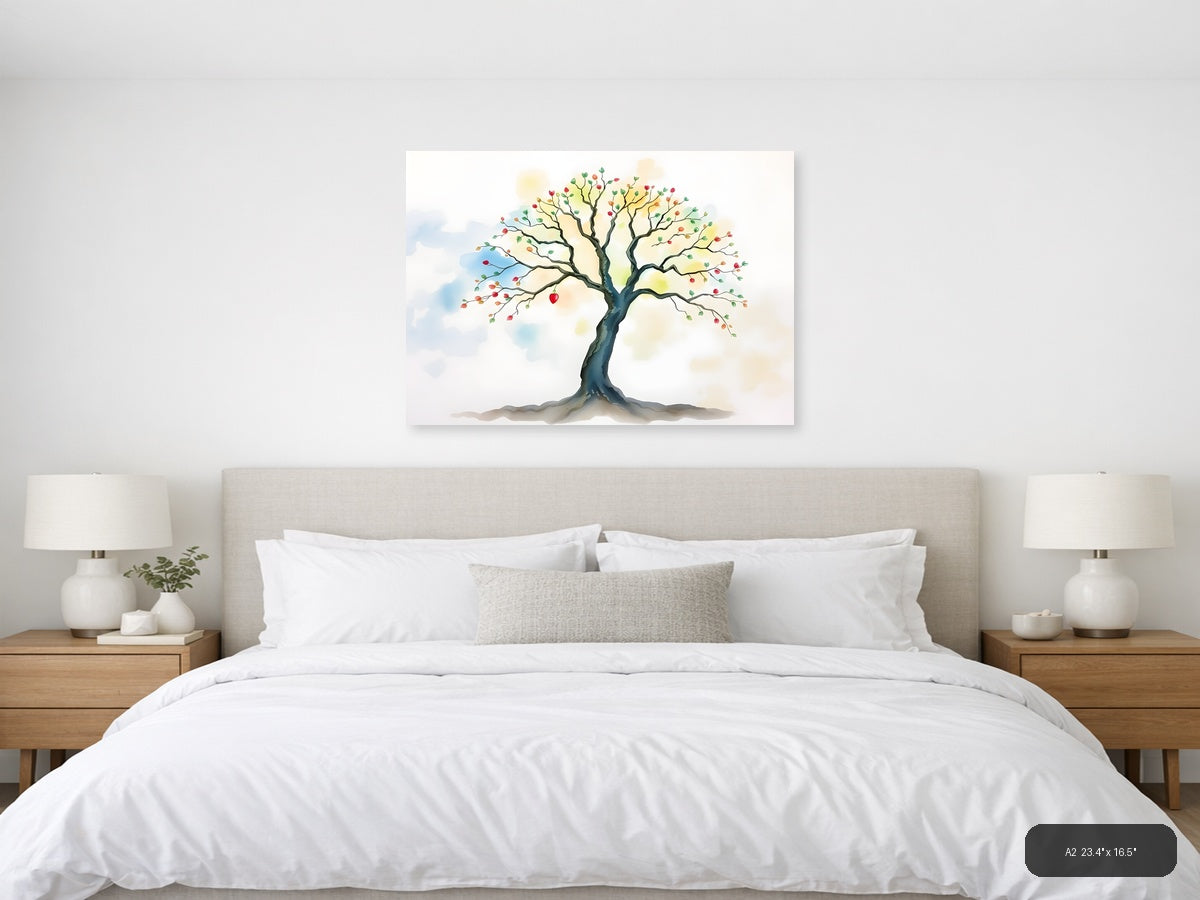 Watercolor Autumn Tree with Colorful Fruits Wall Art — A2 / Bedroom