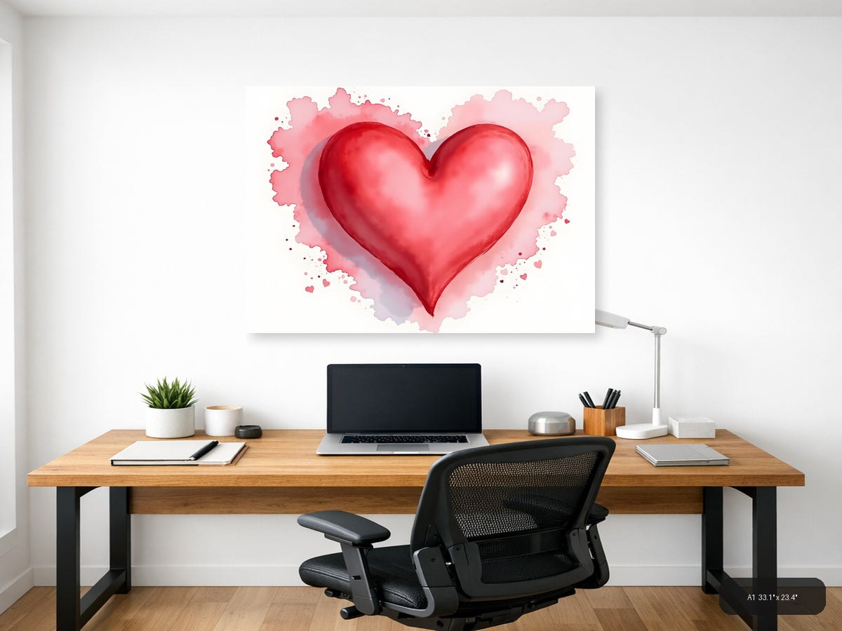 Red Heart Watercolor Splash Modern Wall Art — A1 / Office