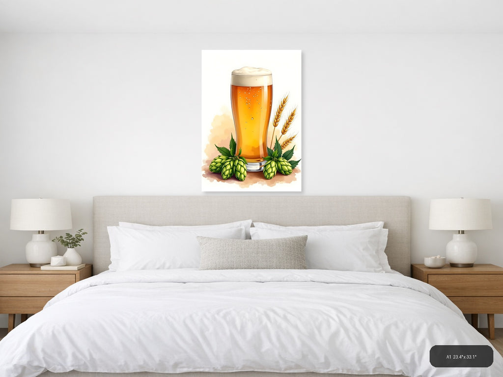 Beer Glass with Hops and Wheat Watercolor Wall Art — A1 / Bedroom