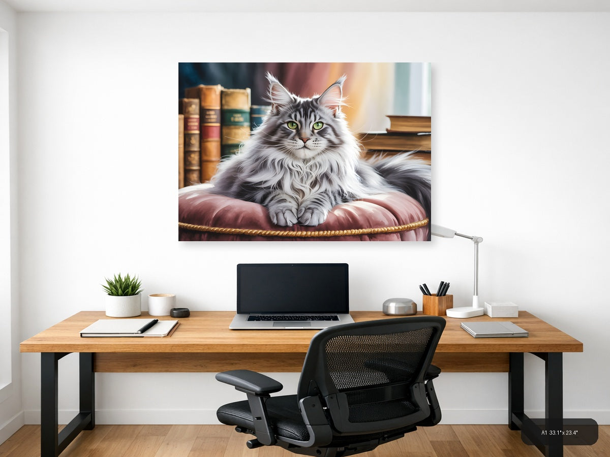 Majestic Long-Haired Cat Library Watercolor Wall Art — A1 / Office