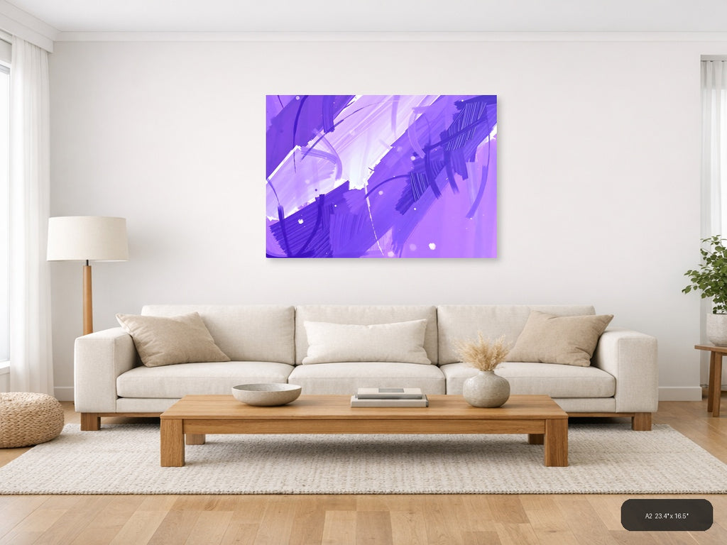 Purple Abstract Brushstrokes & Light Rays Wall Art — A2 / Living Room