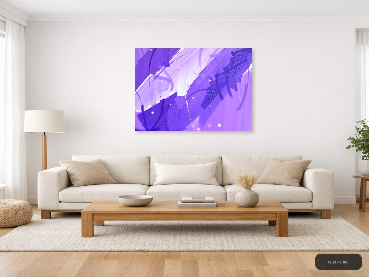 Purple Abstract Brushstrokes & Light Rays Wall Art — A2 / Living Room