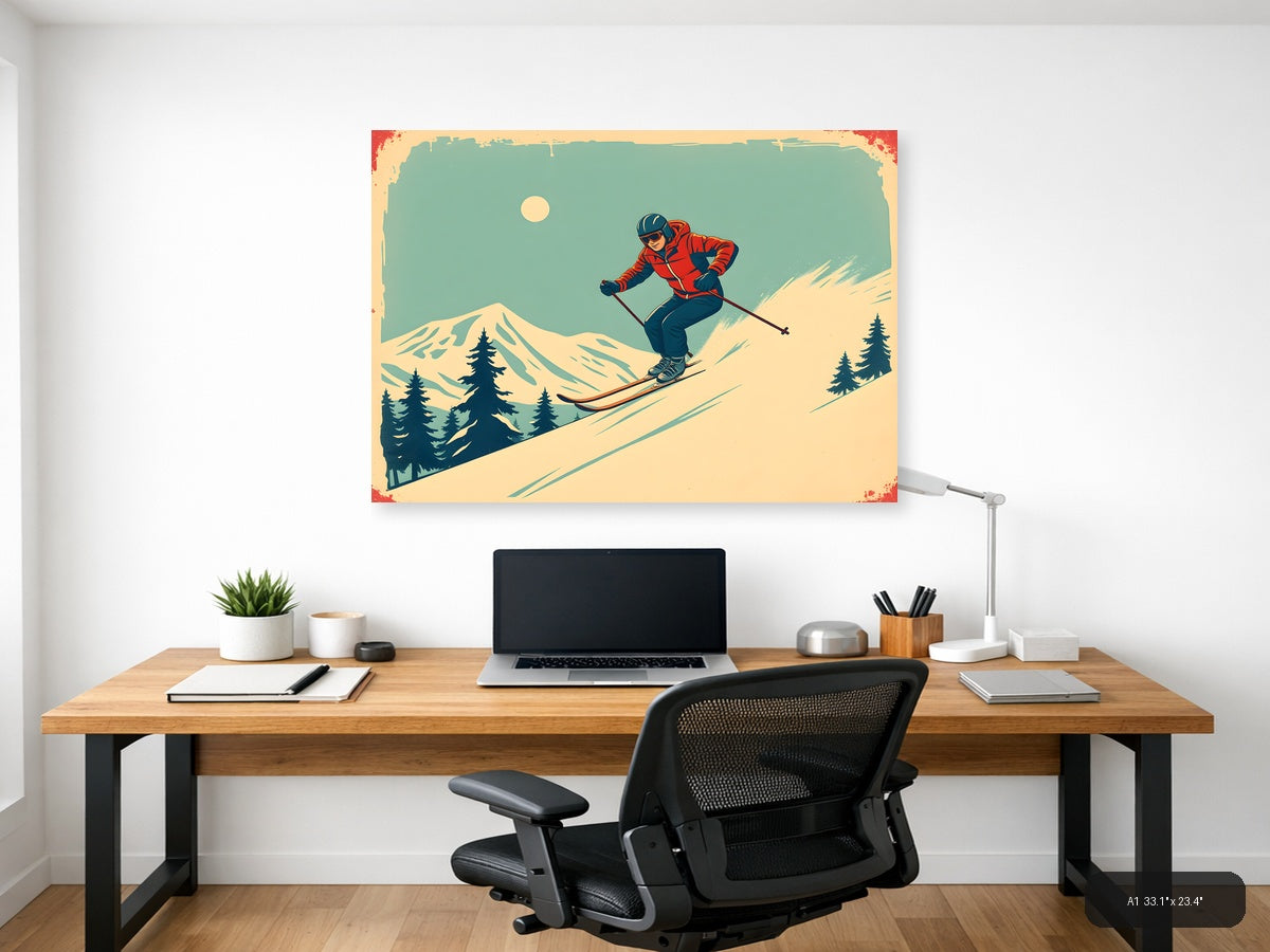 Vintage Skier on Mountain Slope Wall Art — A1 / Office