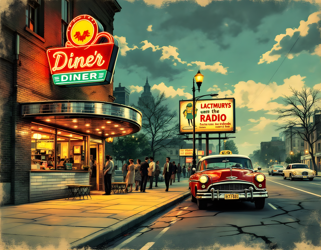 Vintage Diner Street Scene Retro Americana Wall Art