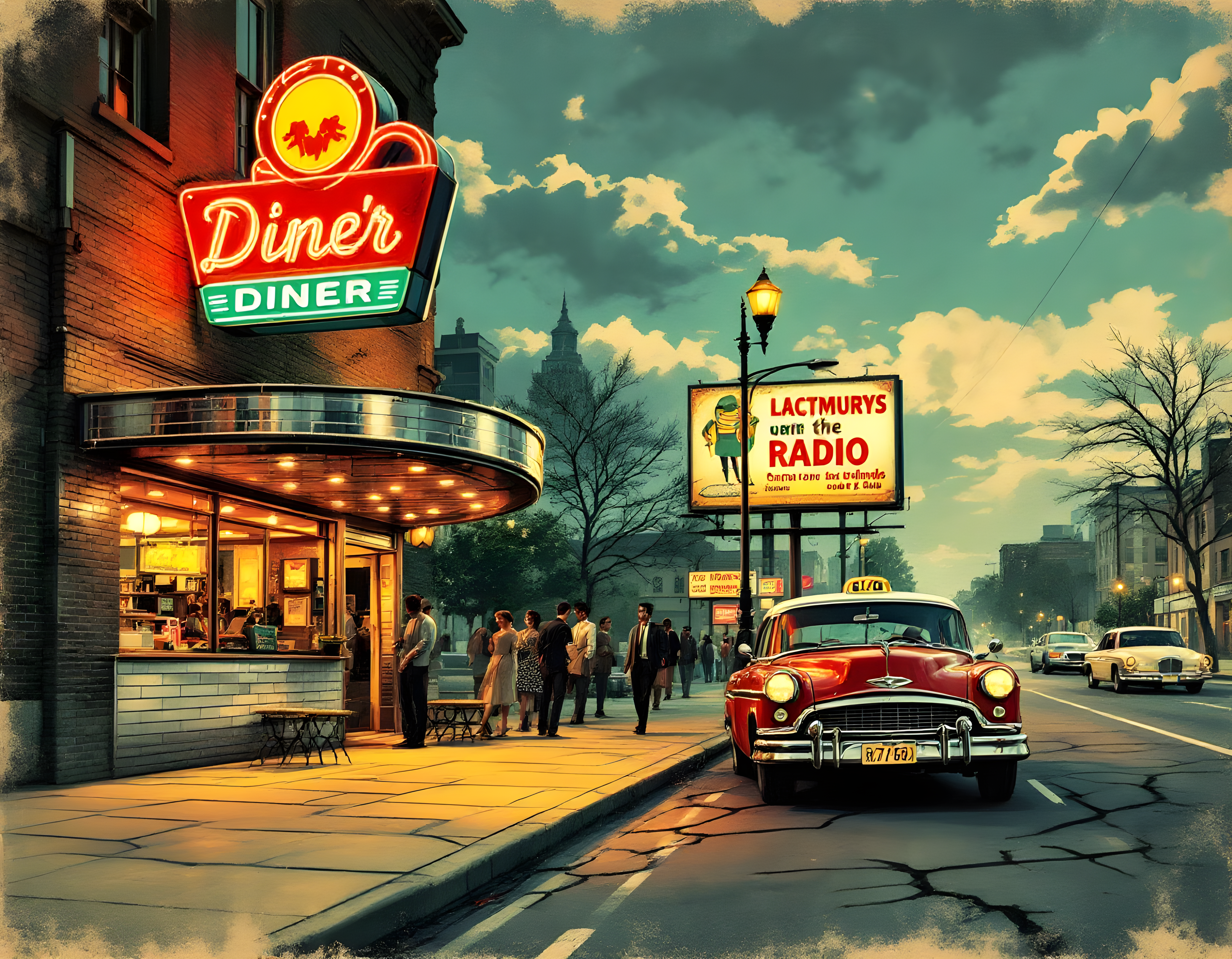 Vintage Diner Street Scene Retro Americana Wall Art