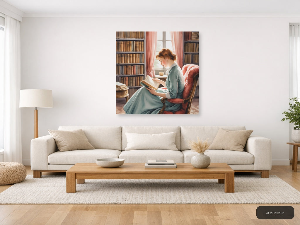 Woman Reading in Library Watercolor Wall Art — A1 / Living Room