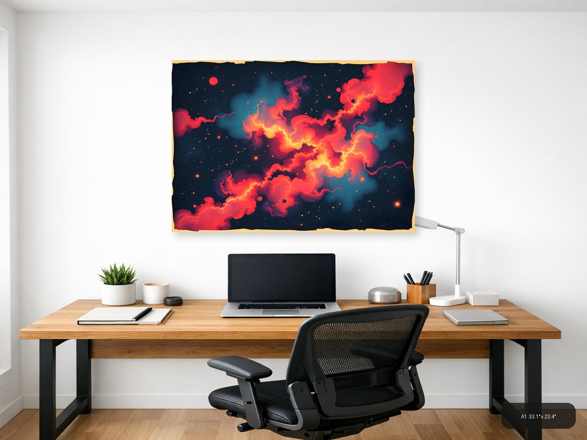 Vintage Cosmic Nebula Red Orange Fire Space Wall Art — A1 / Office