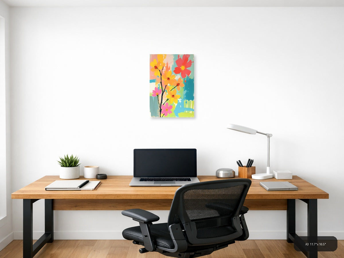 Colorful Abstract Flowers on Branch Portrait Wall Art — A3 / Office