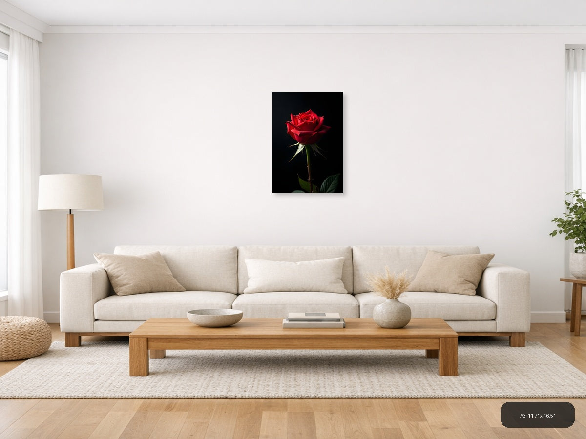 Red Rose on Black Background Photography Wall Art — A3 / Living Room