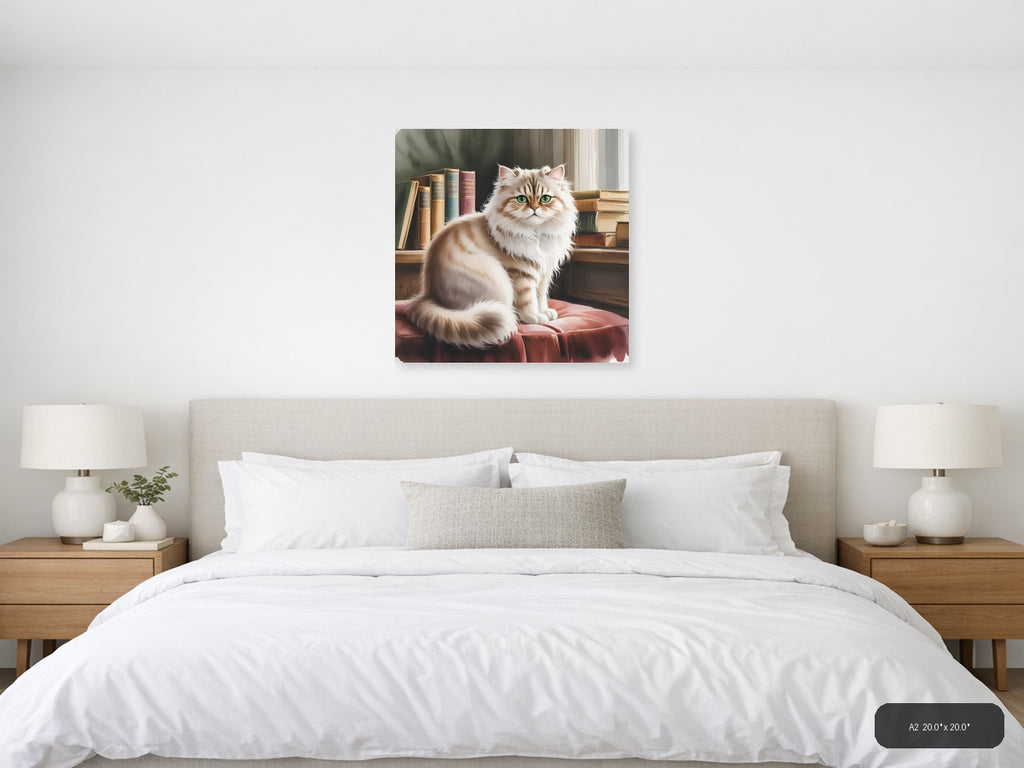 Fluffy White Cat with Green Eyes Watercolor Wall Art — A2 / Bedroom