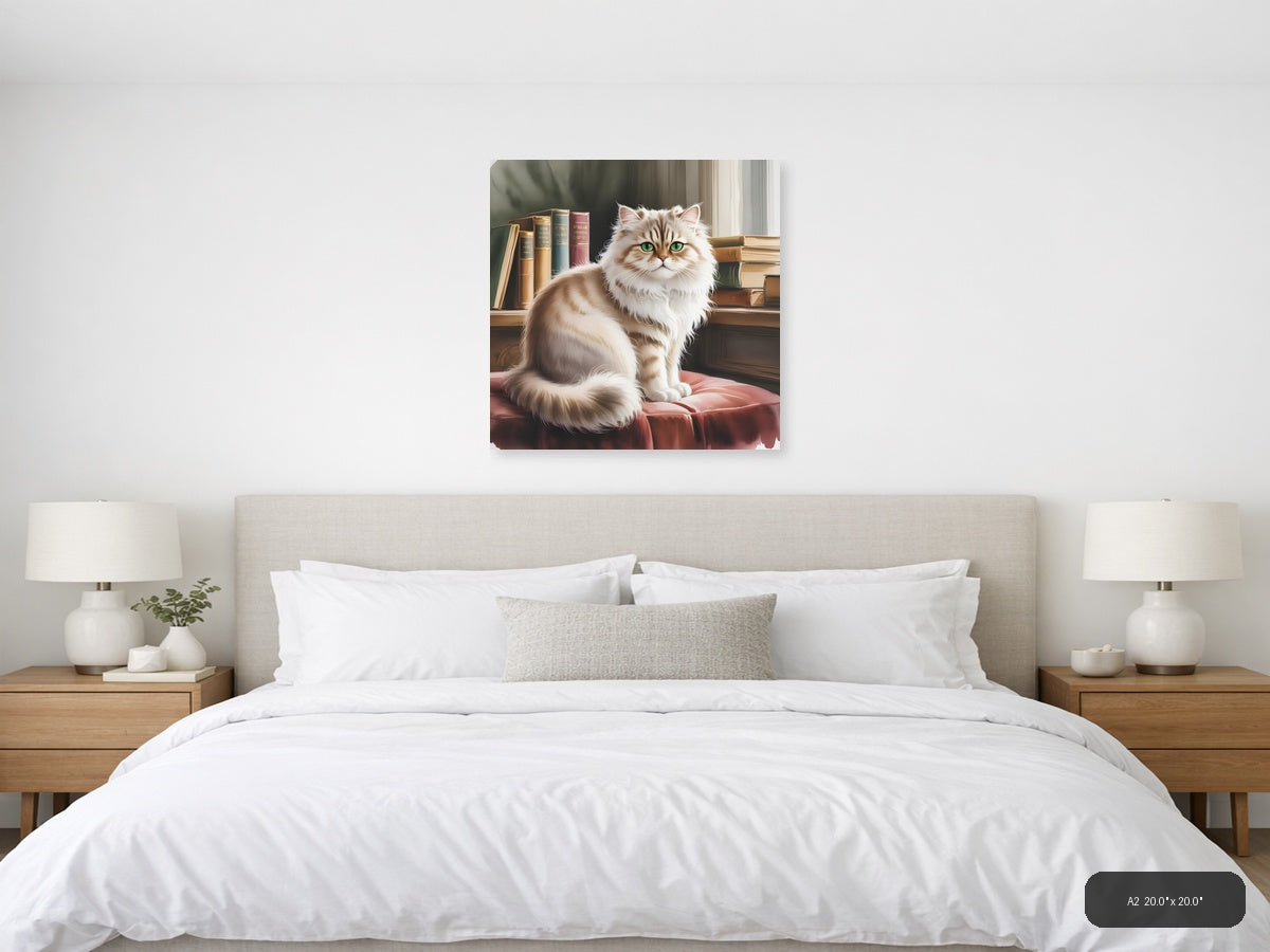 Fluffy White Cat with Green Eyes Watercolor Wall Art — A2 / Bedroom