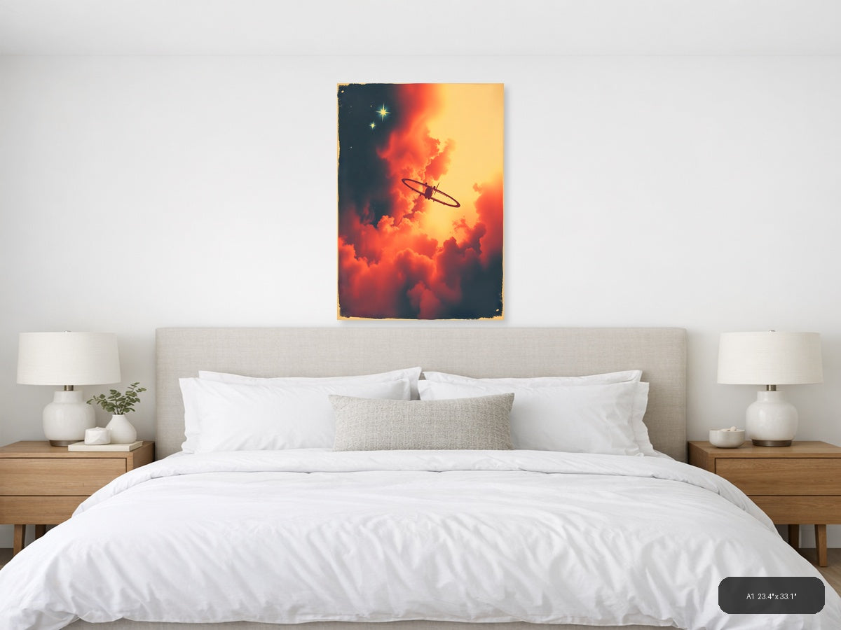 Vintage Spitfire Plane Sunset Clouds Wall Art — A1 / Bedroom