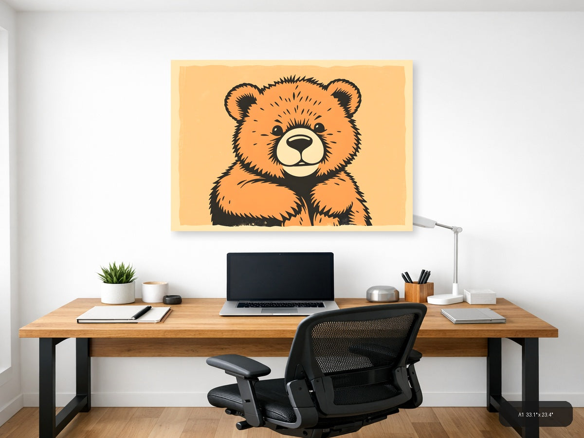 Vintage Orange Bear Portrait Illustration Wall Art — A1 / Office