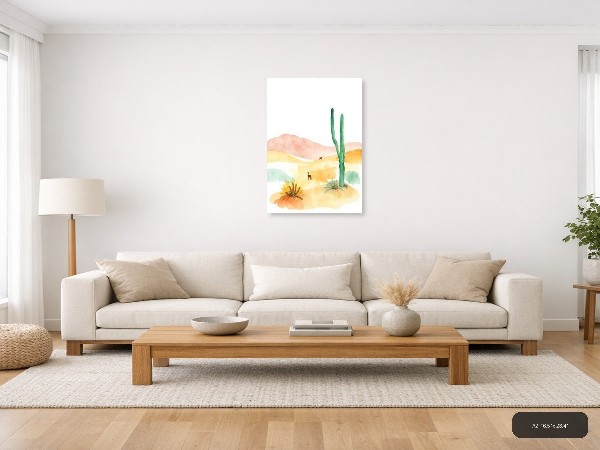 Desert Landscape with Cactus Watercolor Wall Art — A2 / Living Room