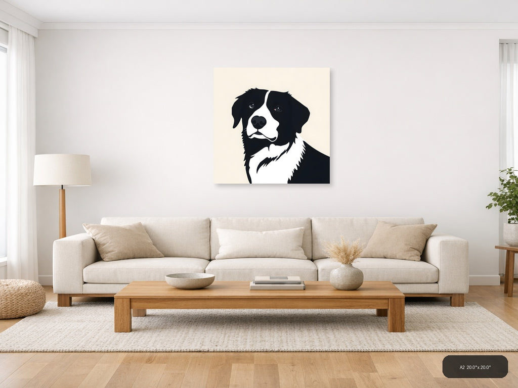 Black and White Dog Portrait Minimalist Wall Art — A2 / Living Room