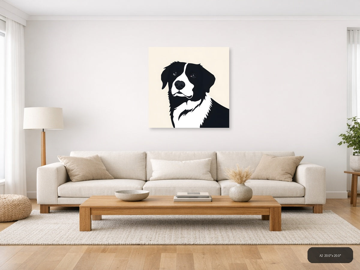 Black and White Dog Portrait Minimalist Wall Art — A2 / Living Room