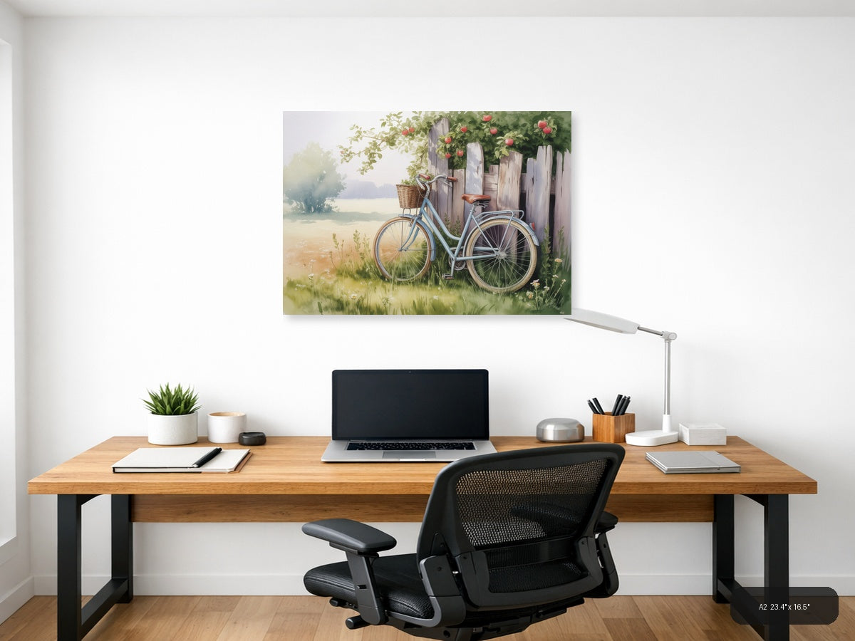 Vintage Bicycle by Wooden Fence - Watercolor Wall Art — A2 / Office