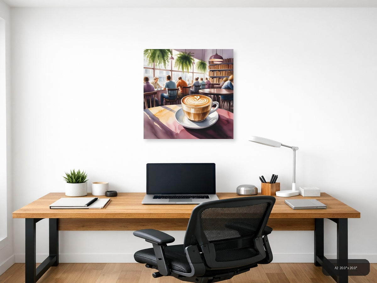 Cozy Café with Latte - Watercolor Wall Art — A2 / Office