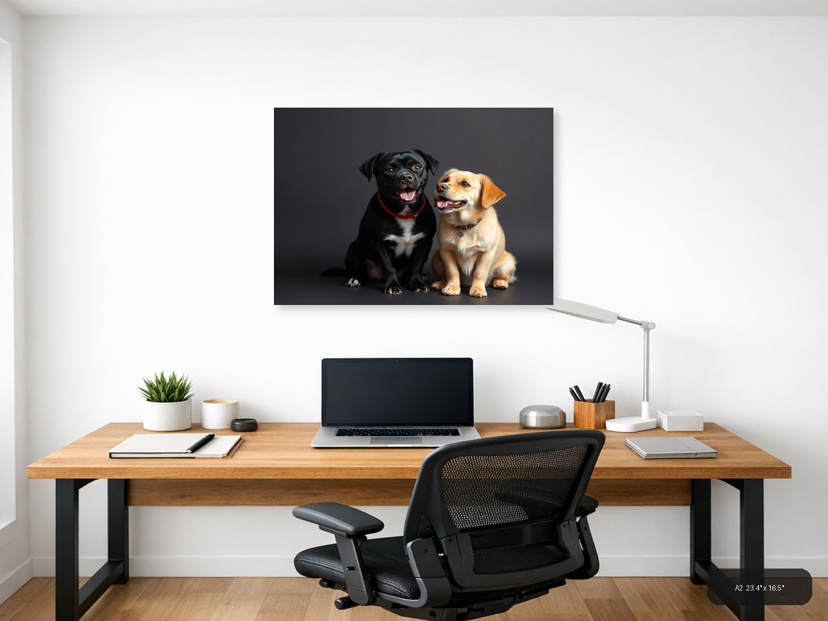 Two Happy Labradors Portrait on Gray | Minimalist Dog Wall Art — A2 (Office)