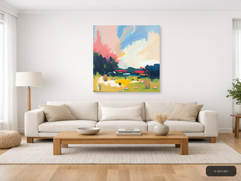 Abstract Landscape with Pink Sky & Green Fields Wall Art — A1 / Living Room