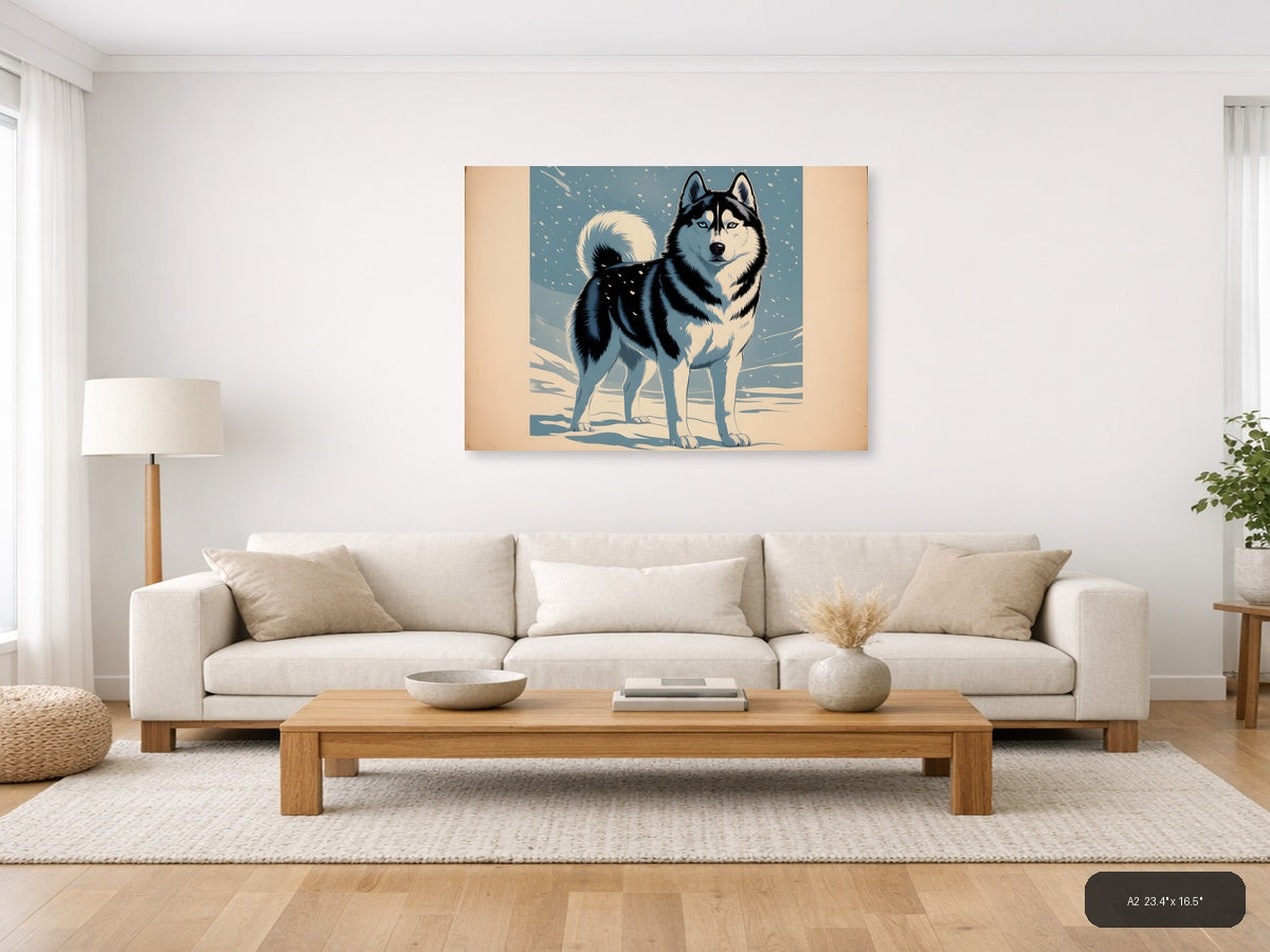Husky in Snow - Vintage Winter Dog Wall Art — A2 / Living Room