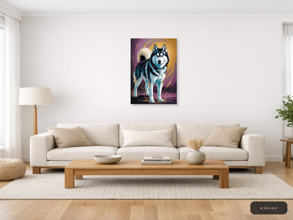 Abstract Husky Portrait with Vibrant Blue & Gold Wall Art — A2 / Living Room