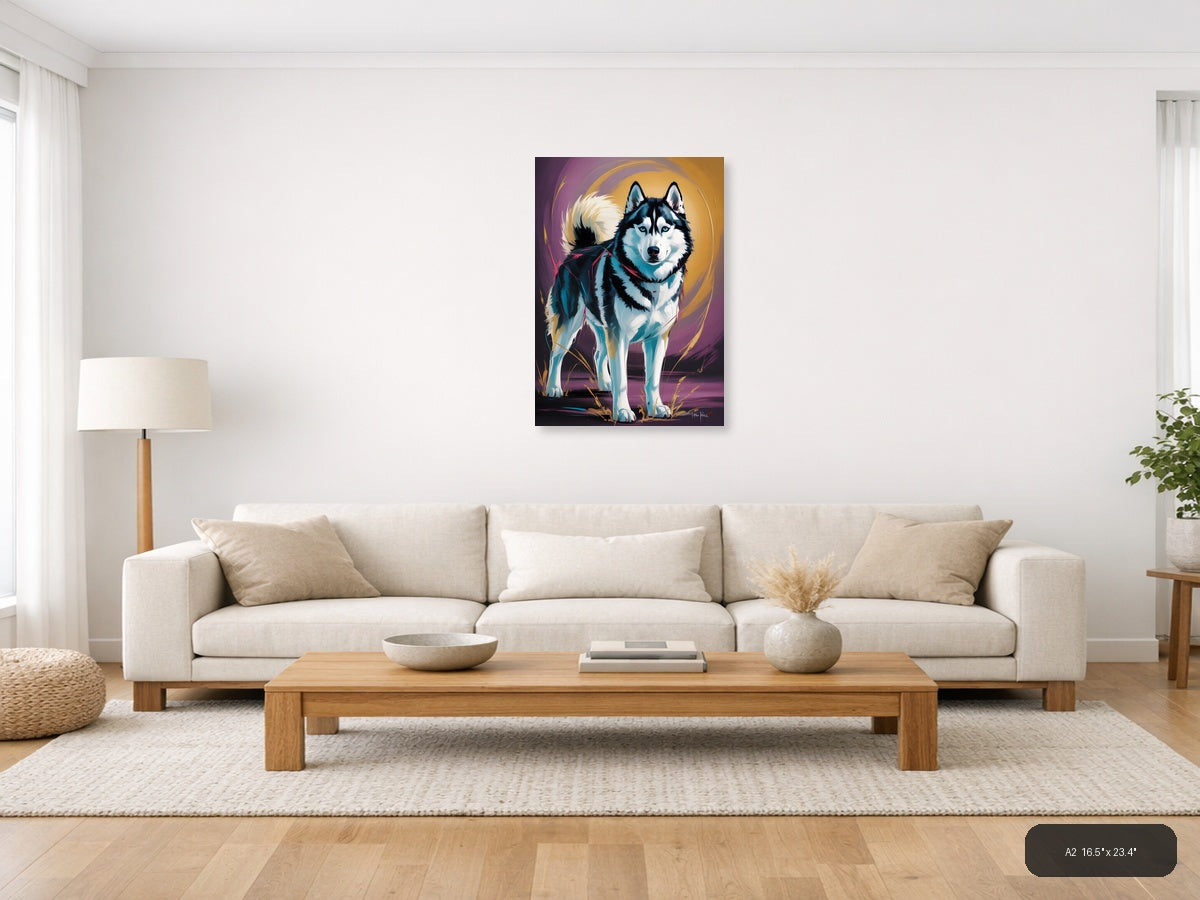 Abstract Husky Portrait with Vibrant Blue & Gold Wall Art — A2 / Living Room