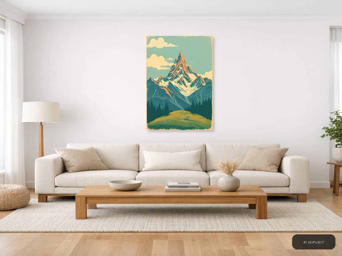 Vintage Mountain Peak Landscape Poster Wall Art — A1 / Living Room