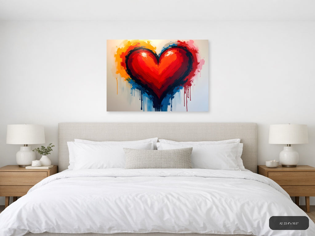 Abstract Red Heart with Colorful Drip Abstract Wall Art — A2 / Bedroom