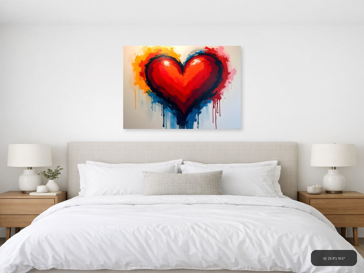 Abstract Red Heart with Colorful Drip Abstract Wall Art — A2 / Bedroom