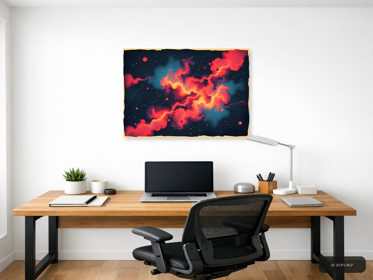 Vintage Cosmic Nebula Red Orange Fire Space Wall Art — A2 / Office