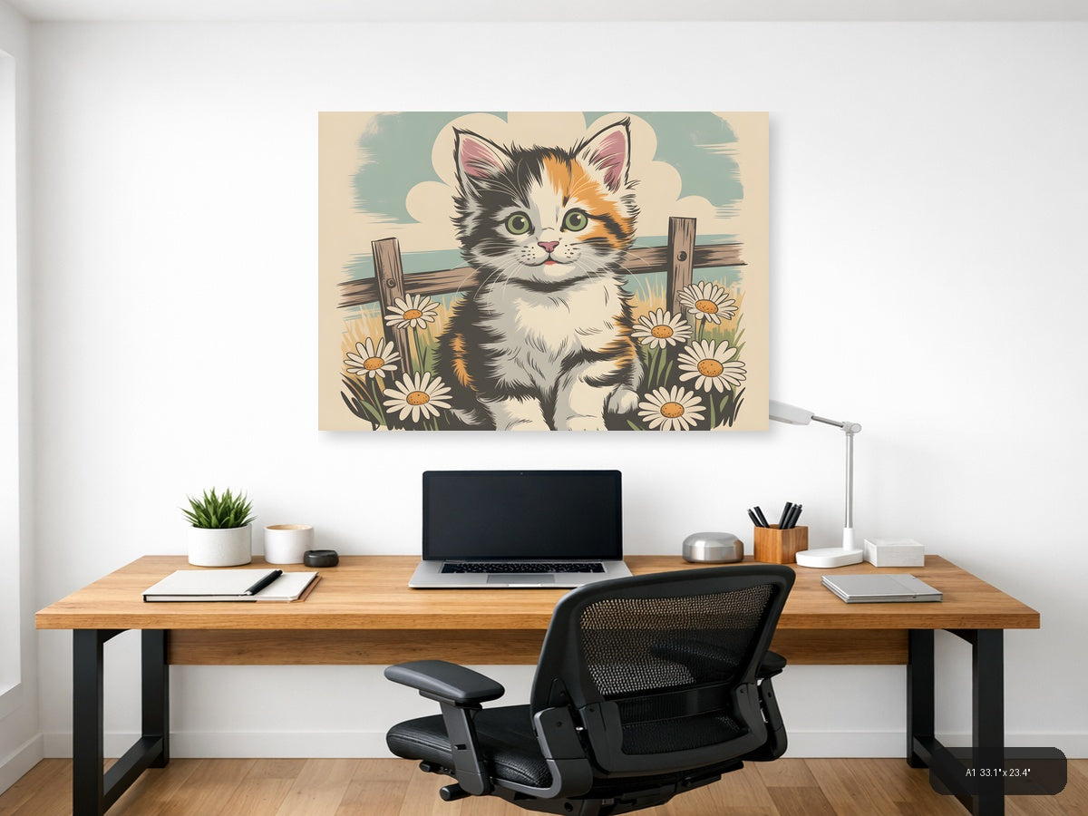 Calico Kitten with Daisies Vintage Wall Art — A1 / Office