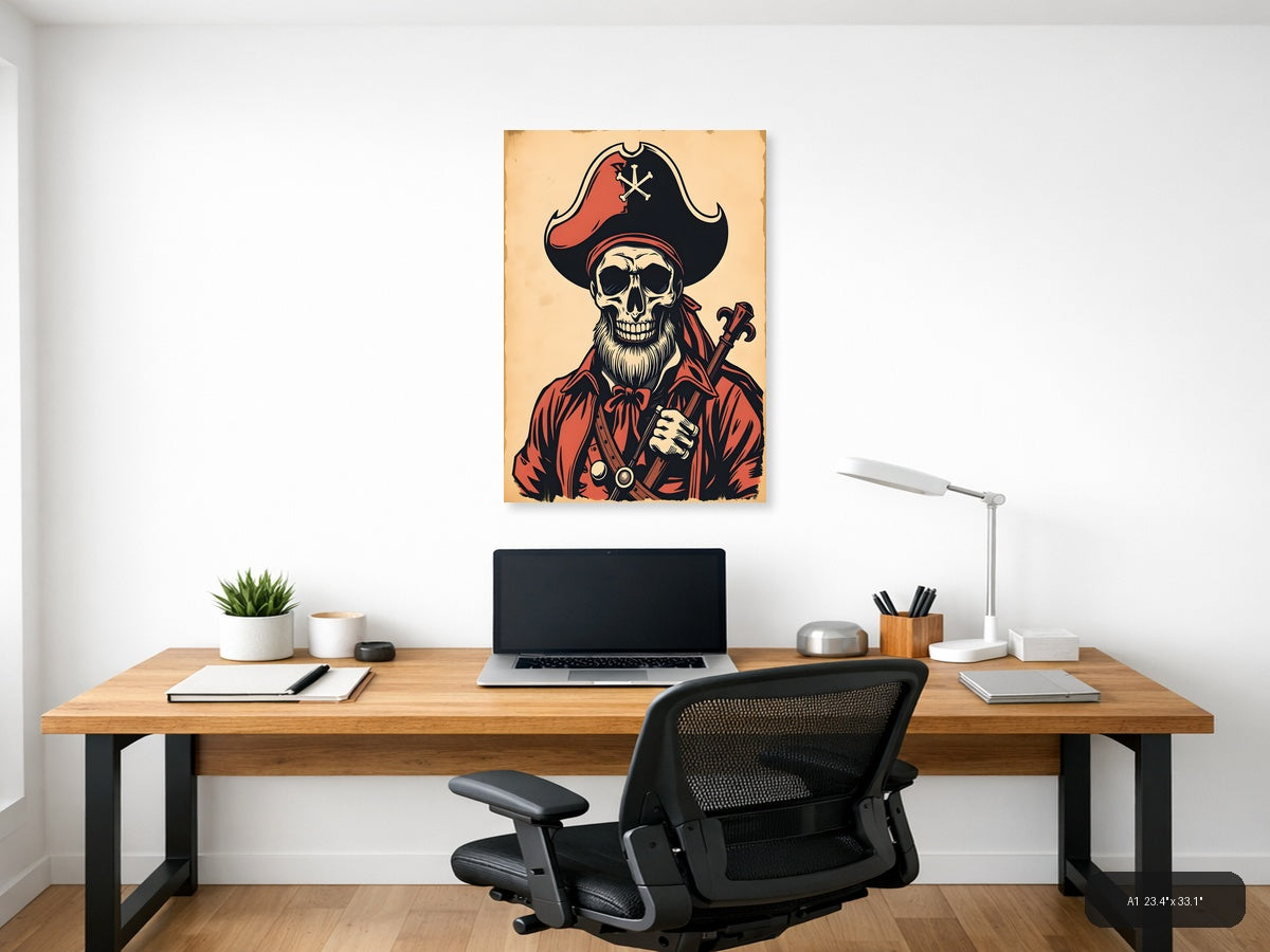 Vintage Pirate Skull Crossbones Red Black Wall Art — A1 / Office