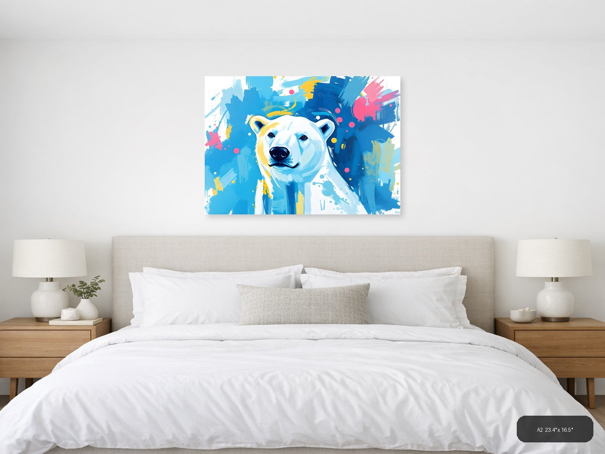 Abstract Polar Bear Portrait Blue Yellow Wall Art — A2 / Bedroom