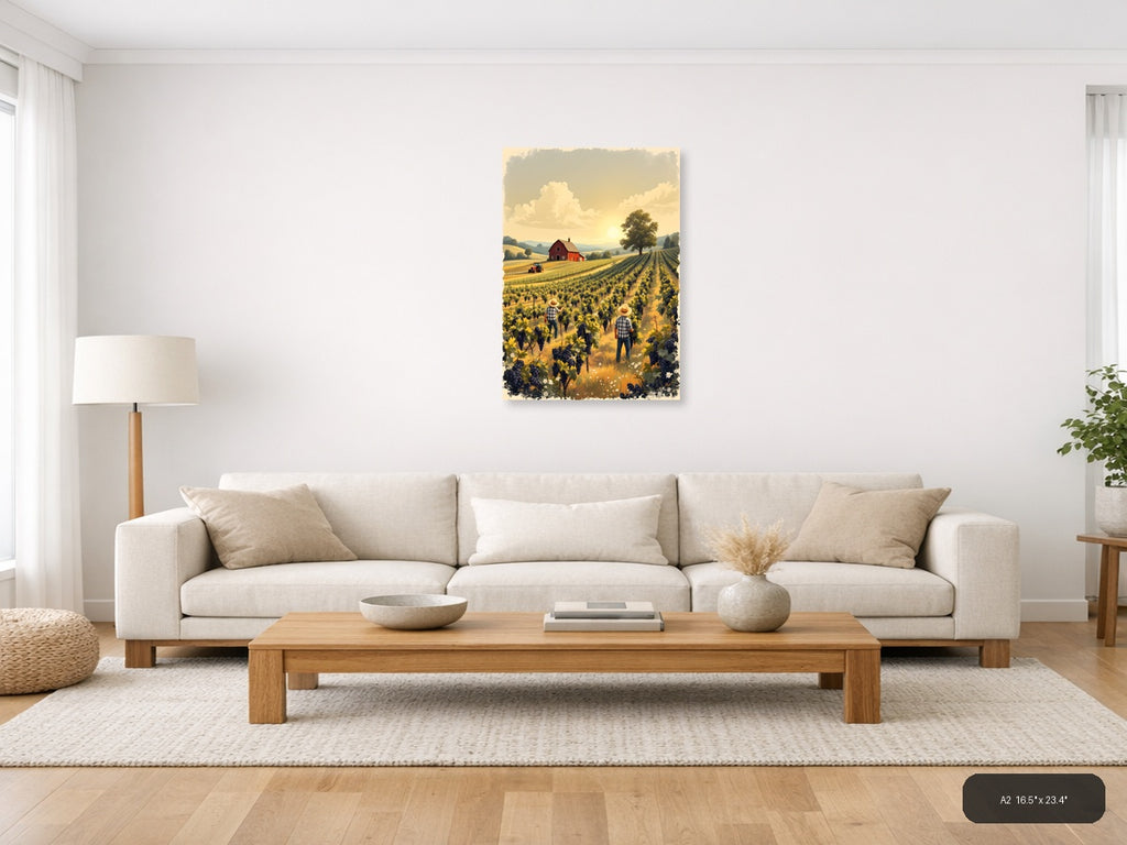 Vintage Vineyard Harvest Farm Landscape Wall Art — A2 / Living Room