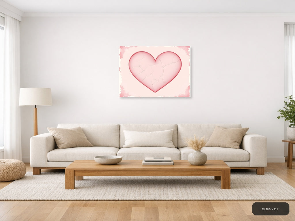 Vintage Pink Cracked Heart Love Wall Art — A3 / Living Room