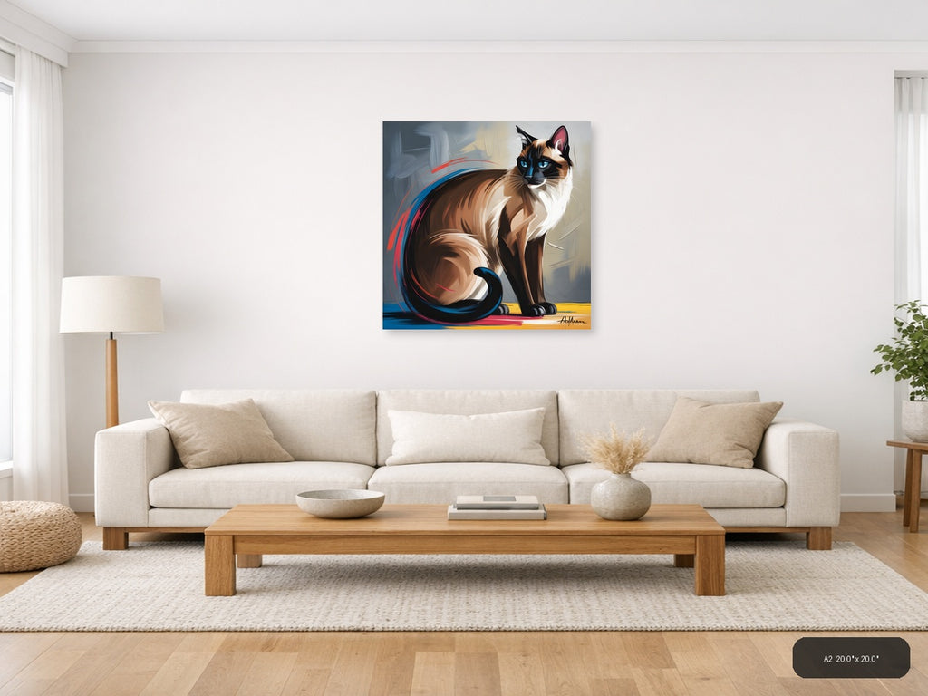 Siamese Cat Portrait Abstract Blue Eyes Wall Art — A2 / Living Room