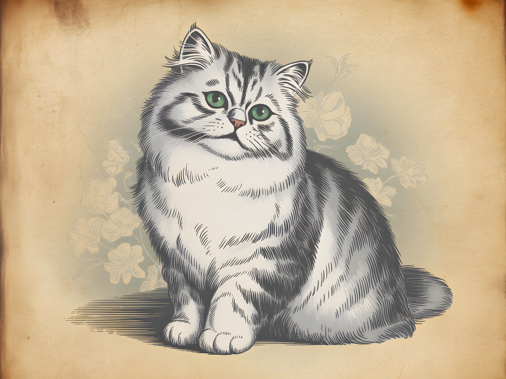 Vintage Fluffy Cat with Green Eyes Illustration Wall Art