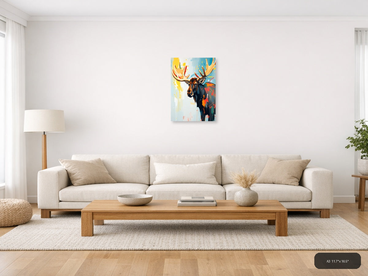 Abstract Moose Head Portrait Colorful Modern Wall Art — A3 / Living Room