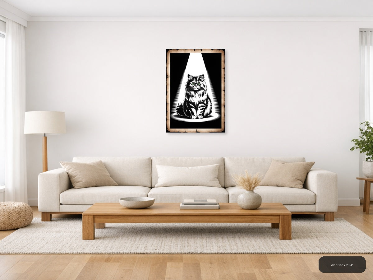 Majestic Fluffy Cat Green Eyes Black & White Wall Art — A2 / Living Room