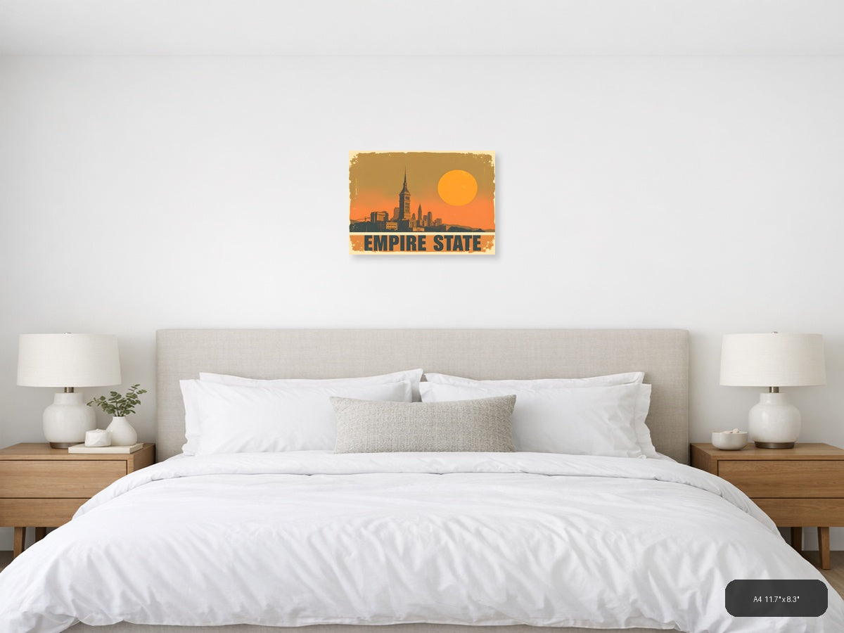 Vintage Empire State Building Sunset Landscape Wall Art — A4 / Bedroom