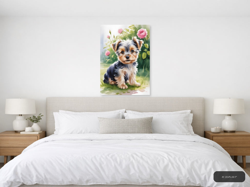 Adorable Puppy with Pink Roses Watercolor Wall Art — A1 / Bedroom