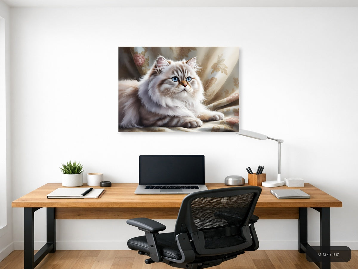 White Persian Cat with Blue Eyes Watercolor Wall Art — A2 / Office